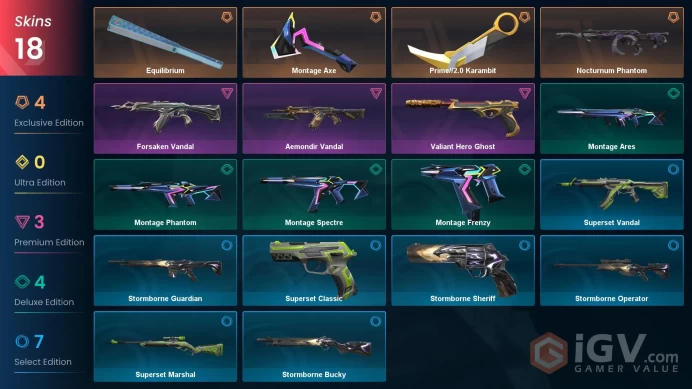 EU | 18 skins | Prime//2.0 Karambit | Nocturnum Phantom | Equilibrium | Montage Axe | Aemondir Vandal | Forsaken Vandal | S4199