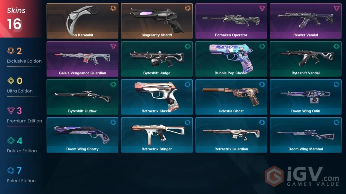 EU | 16 skins | Ion Karambit | Reaver Vandal | Forsaken Operator | Singularity Sheriff | Gaia's Vengeance Guardian | Byteshift Outlaw | H6339