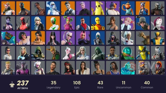 230 skins/full access/travis scott/gold midas/gold brutus/fishstick worldcup/carbide stage 5/bird call/rare emotes
