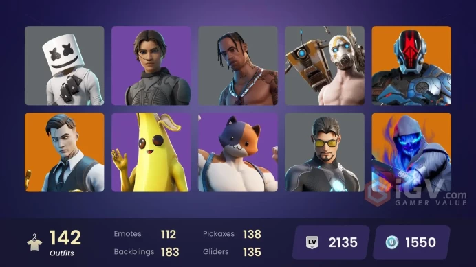 142 skins/full access/travis scott/astro jack/gold midas/gold brutus/chani/head banger/haunt officer/rare emotes