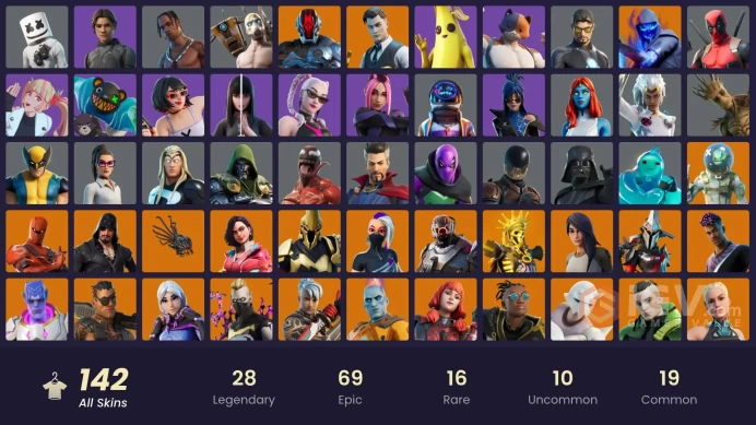 142 skins/full access/travis scott/astro jack/gold midas/gold brutus/chani/head banger/haunt officer/rare emotes