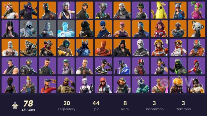 78 skins/full access/the reaper/elite agent/trailblazer/take the l/carbide stage 5/fresh/freestylin/disco baller/battle bus banner