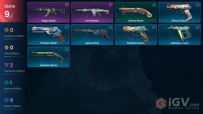 EU | 9 skins | Ion Phantom | Origin Vandal | Velocity Shorty | Lightwave Frenzy | Snakebite Shorty | Finesse Classic | Jigsaw Ghost | M7750