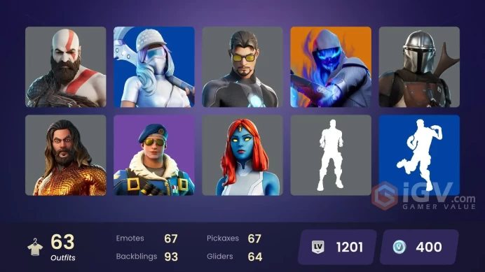 (PC PSN XBOX) 63 skins | LEVIATHAN AXE / Gold Kratos | LAUGH IT UP / Carbon Commando | Royale Bomber | Predator | Fusion | Joey | Sorana | Carbi