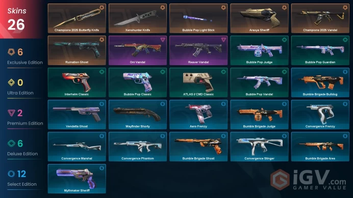 EU | Champions 2025 Bundle, Xenohunter Knife, Reaver Vandal, Oni Vandal, Araxys Sheriff, Ruination Ghost | 26 Skins [Full Access]