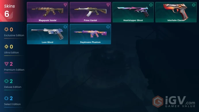 EU | 6 skins | Prime Vandal | Magepunk Vandal | Heartstopper Ghost | Interhelm Classic | Daydreams Phantom | Luxe Ghost | S6945