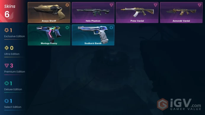 EU | 5 skins | Prime Vandal | Aemondir Vandal | Helix Phantom | Araxys Sheriff | Montage Frenzy | X5234