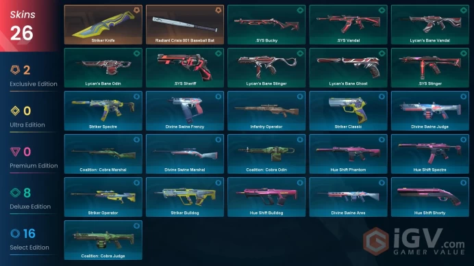 EU | 26 skins | Radiant Crisis 001 Baseball Bat | Striker Knife | Lycan's Bane Ghost | .SYS Sheriff | .SYS Vandal | Lycan's Bane Vandal | B8241