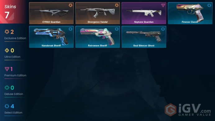 EU | 7 skins | Divergence Vandal | CYRAX Guardian | Neptune Guardian | Retrowave Sheriff | Finesse Classic | Nanobreak Sheriff | K6808