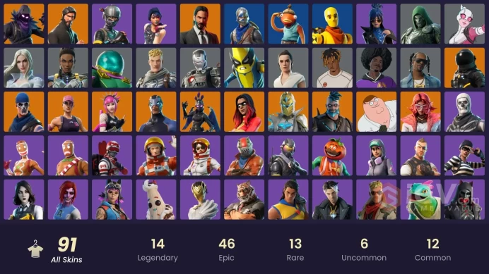 91 skins | The Reaper | Elite Agent | Take The L | Floss | Tidy | Blue Squire | Royale Knight | Reaper | Ride The Pony | Mako | Snowflake