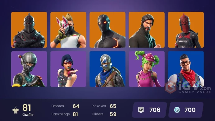 81 skins | Black Knight | The Reaper | Elite Agent | Take The L | Floss | Blue Squire | Royale Knight | Omega | Ride The Pony | Snowflake