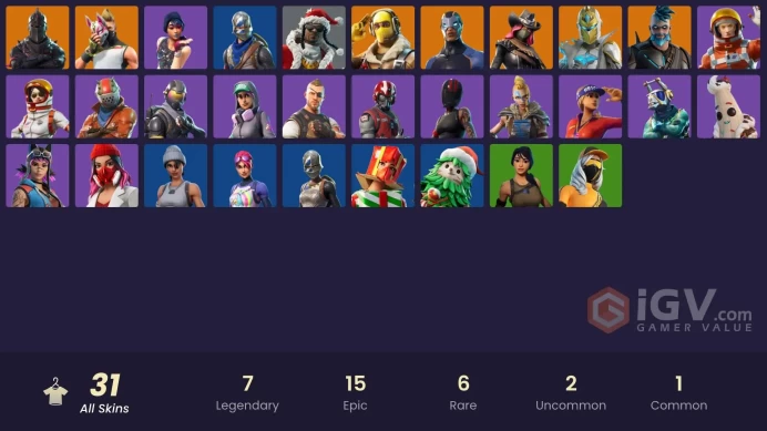 31 skins | Black Knight | Take The L | Floss | Blue Squire | Royale Knight | Ride The Pony | Snowflake | Sparkle Specialist | Rogue Agent