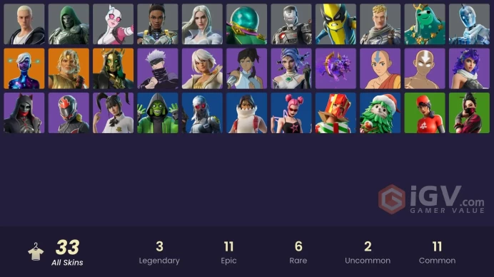 33 skins | Zeus | Éclaireuse Galaxy | Hadès | Poséidon | Gwenpool | Fatalis | Bananeverine | Captain Jones | Emma Frost | Shuri | Mystério 