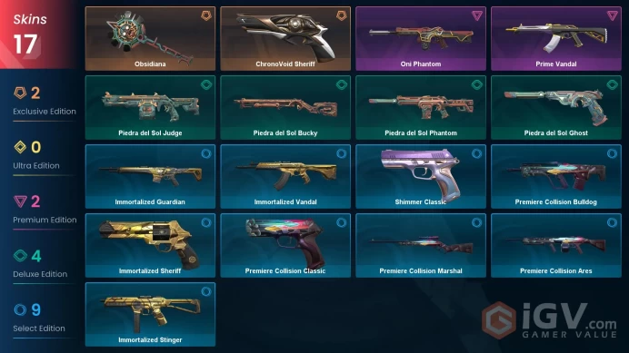 EU / 17 Skins / Prime Vandal / Oni Phantom / Obsidiana / ChronoVoid Sheriff / Shimmer Classic / V58