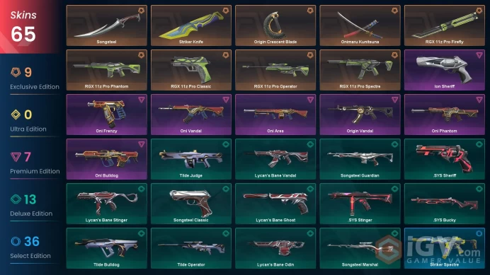 EU / 64 Skins /Oni Vandal + Phantom/Onimaru Kunitsuna/Songsteel/Striker Knife/RGX 11z Pro Firefly+Spectre+Classic+Operator+Phantom / V59
