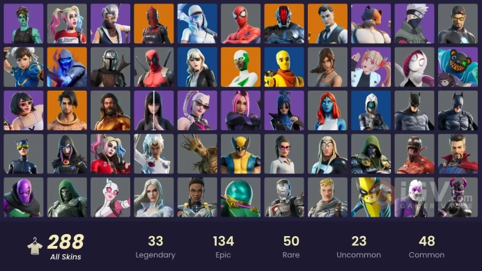 (PC PSN XBOX) 288 skins | LEVIATHAN AXE / CHUN-LI / LARA CROFT / HARLEY QUINN / BACKLASH / Gold Brutus | Gold Meowscles | Gold Midas | Striker S