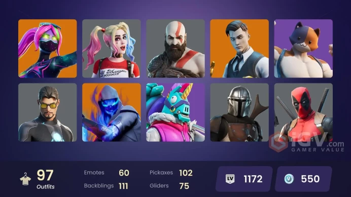 (PC PSN XBOX) 97 skins | LEVIATHAN AXE / Gold Kratos | LARA CROFT / HARLEY QUINN / Gold Midas | Gold Brutus | Gold Meowscles | Galaxia | Mecha C