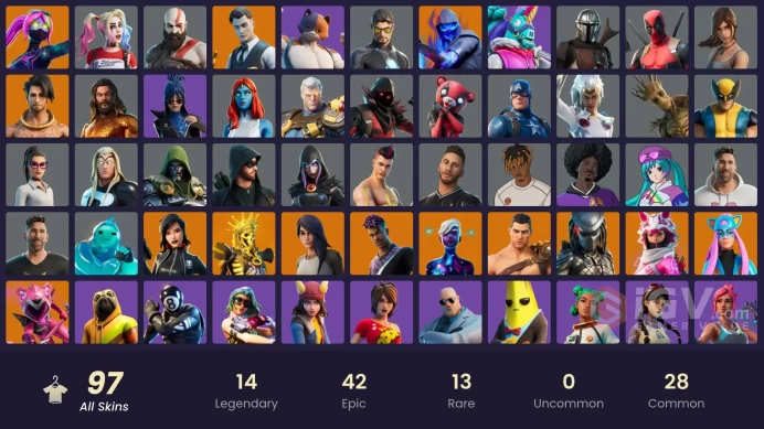 (PC PSN XBOX) 97 skins | LEVIATHAN AXE / Gold Kratos | LARA CROFT / HARLEY QUINN / Gold Midas | Gold Brutus | Gold Meowscles | Galaxia | Mecha C