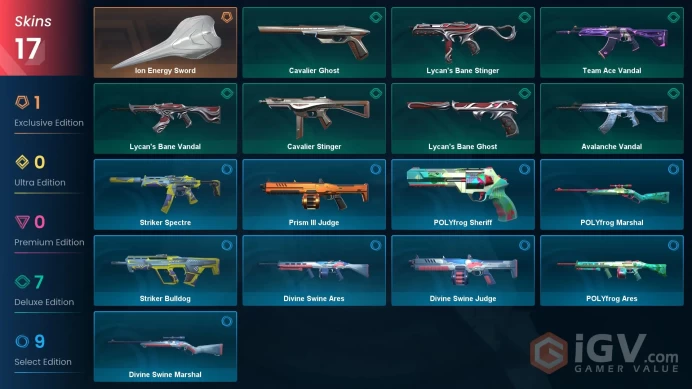 EU / 17 Skins / Striker Spectre / Ion Energy Sword / Divine Swine Ares / V61