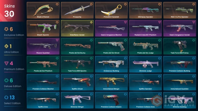 EU / 31 Skins / Gaia's Vengeance Vandal / Elderflame Vandal / Blade of Serket / Prosperity / Prosperity & Demise / Prime//2.0 Karambit / V64