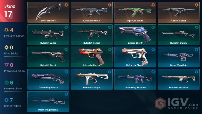 EU / 17 Skins / Kuronami Vandal / CYRAX Vandal / Imperium Vandal / Byteshift Vandal + Ghost + Knife / V65