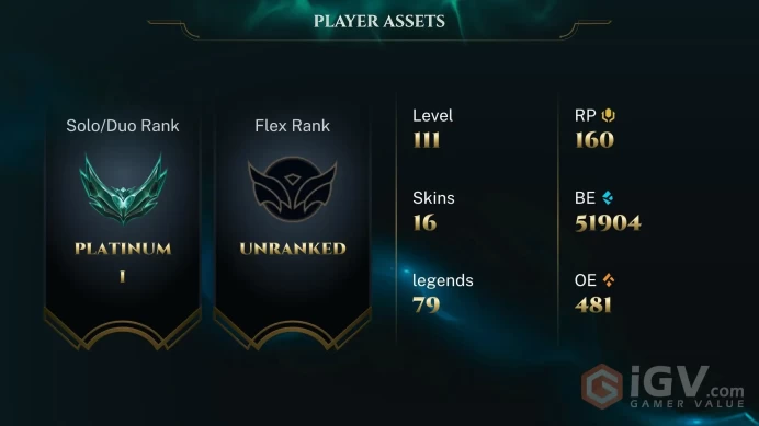 | LAS | 15 SKINS | PLATINUM 1 | 79 CHAMPIONS | 111 LEVEL | INSTANT DELIVERY | FULL ACCESS | FRmfj |