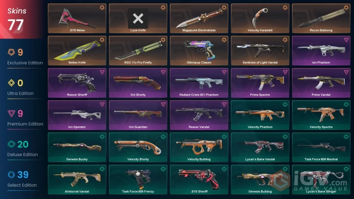 EU / 76 Skins / Reaver + Prime Vandal / RGX 11z Pro Firefly / Recon Balisong / Velocity Karambit / Striker Knife / Luxe Knife / V63