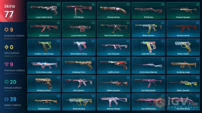 EU / 76 Skins / Reaver + Prime Vandal / RGX 11z Pro Firefly / Recon Balisong / Velocity Karambit / Striker Knife / Luxe Knife / V63