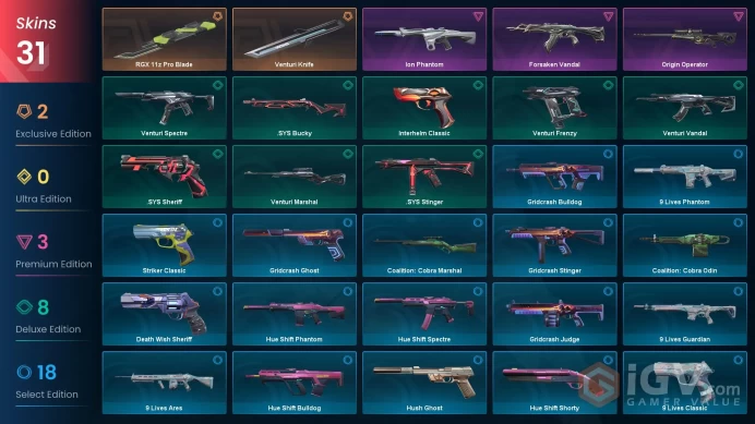 EU 31 skins | RGX 11z Pro Blade | Venturi Knife | Ion Phantom | Forsaken Vandal | Origin Operator | .SYS Sheriff | Venturi Marshal | V0442