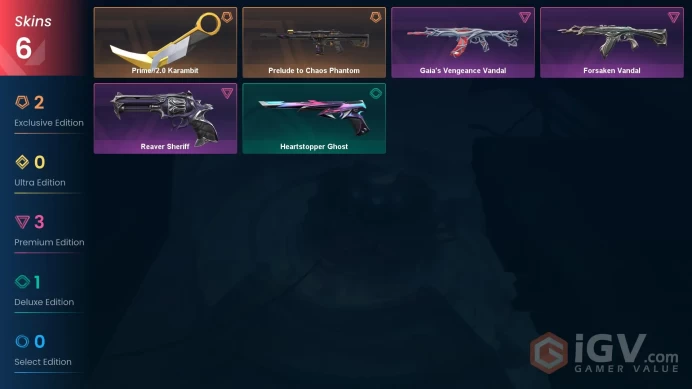 EU 6 skins | Prime//2.0 Karambit | Prelude to Chaos Phantom | Forsaken Vandal | Gaia's Vengeance Vandal | Reaver Sheriff | V0465