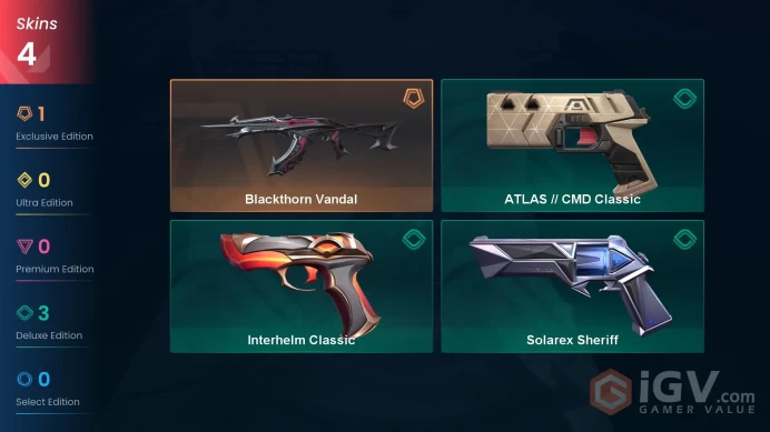 EU 4 skins | Solarex Sheriff | ATLAS // CMD Classic | Blackthorn Vandal | Interhelm Classic | V0485
