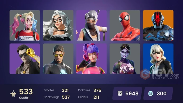 531 skins | Lina Scorch | Unchained Ramirez | Jill Valentine | Championship Aura | Mizuki | The Ageless | Omegarok | Valeria | Inferno | 200 VB