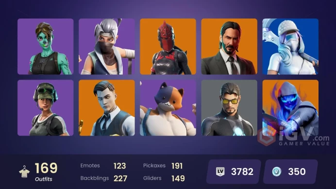 169 skins | Gold Brutus | Gold Midas | Trailblazer | Leviathan Axe | All Might | Kymera | Galaxy Scout | Eternal Knight | The Scientist | 350 VB