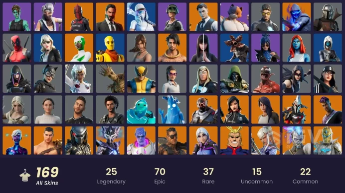 169 skins | Gold Brutus | Gold Midas | Trailblazer | Leviathan Axe | All Might | Kymera | Galaxy Scout | Eternal Knight | The Scientist | 350 VB