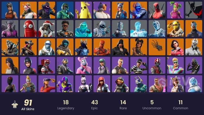| PC | 91 SKINS | Raptor | Lynx | The Ice King | Dire | Sentinel | Hybrid | Blackheart | Rox | Drift | Calamity | Zenith | 50 VBUCKS | FTUi0 |