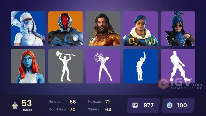 | PC/XBOX | 53 SKINS | Omegarok | The Foundation | Ronin | Fade | Eternal Knight | Frostbite | Peter Griffin | Valeria | 100 VBUCKS | FTfBM |