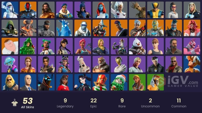 | PC/XBOX | 53 SKINS | Omegarok | The Foundation | Ronin | Fade | Eternal Knight | Frostbite | Peter Griffin | Valeria | 100 VBUCKS | FTfBM |