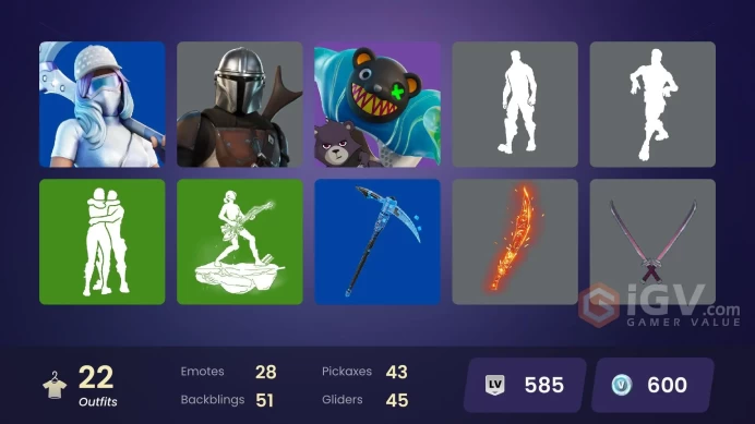 | PC/XBOX | 22 SKINS | Paradigm (Reality-659) | Predator | Mandalorian | Rust | T-60 Power Armor | War Machine | Grriz | 500 VBUCKS | FT0Ux |
