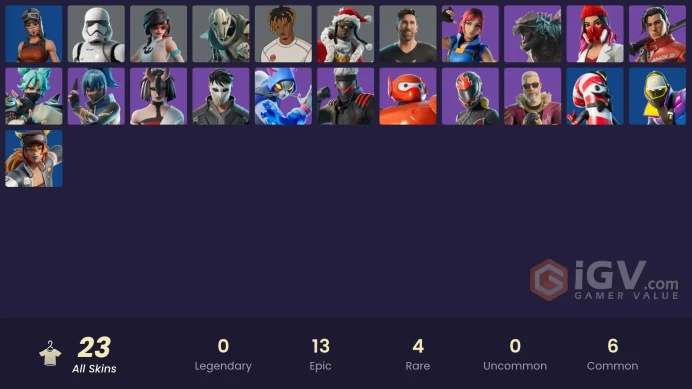 | PC | 23 SKINS | Godzilla Evolved | Explorer Emilie | Nyanja | Slayer Juice WRLD | Santa Dogg | Jade | The Night Rose | 500 VBUCKS | FURB7 |