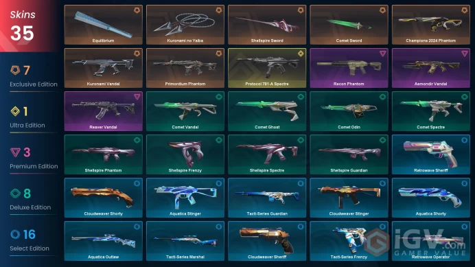 AP | 35 Skins | Kuronami no Yaiba | Kuronami Vandal | Champions 2024 Phantom | Protocol 781-A Spectre | Primordium Phantom | Equilibrium | Recon