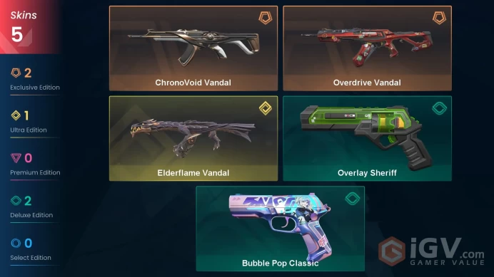 | AP | 5 SKINS | VALUE: 6825 VP | Elderflame Vandal | ChronoVoid Vandal | RANKED READY | 135 LEVEL | INSTANT DELIVERY | FULL ACCESS | FT10T |