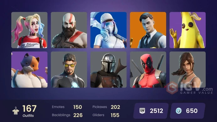 [PC/PSN/XBOX/Nintendo]  167 skins F/A :  Leviathan Axe | Satoru Gojo | Master Chief | Gold Midas | Gold Kratos | Subzero Cryptic | Shady Doggo |