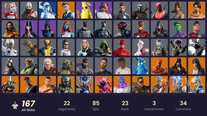 [PC/PSN/XBOX/Nintendo]  167 skins F/A :  Leviathan Axe | Satoru Gojo | Master Chief | Gold Midas | Gold Kratos | Subzero Cryptic | Shady Doggo |