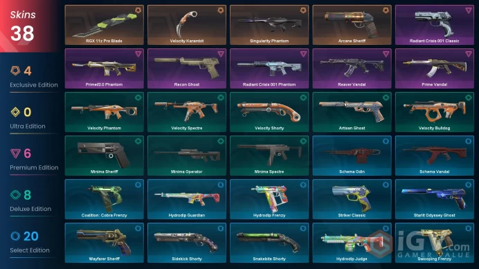 EU Level 175 38 Skins 21 Agents Radiant Crisis 001 Phantom Recon Ghost Prime Vandal Arcane Sheriff Prime//2.0 Phantom...