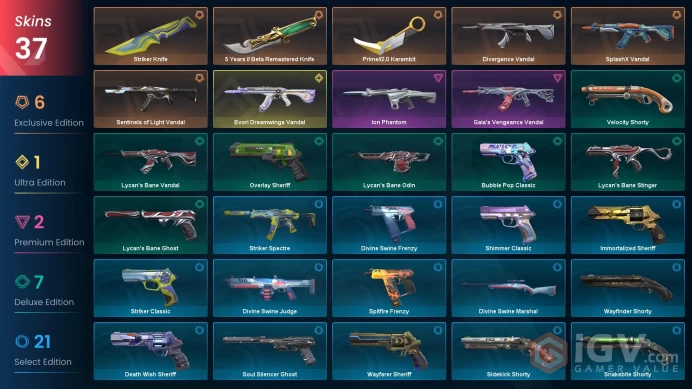 Diamond 1 EU Level 265 37 Skins Divergence Vandal Prime//2.0 Karambit Evori Dreamwings Vandal Sentinels of Light Vand...