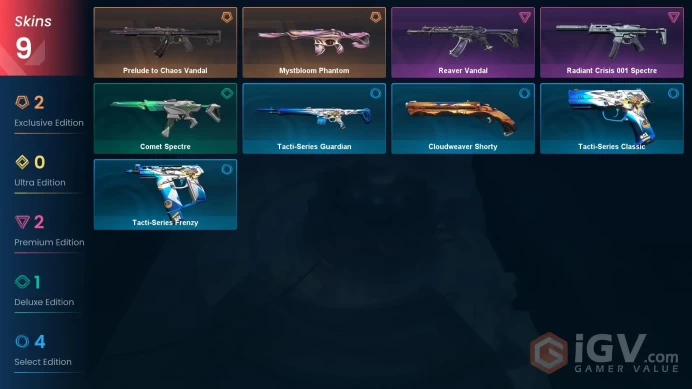 EU Level 36 9 Skins 13 Agents Prelude to Chaos Vandal Radiant Crisis 001 Spectre Mystbloom Phantom Prelude to Chaos V...