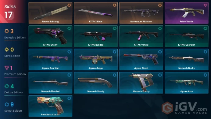 EU / 17 Skins / Nocturnum Phantom / Prime Vandal / Recon Balisong / K/TAC Blade + Bulldog + Vandal + Sheriff + Operator / V68