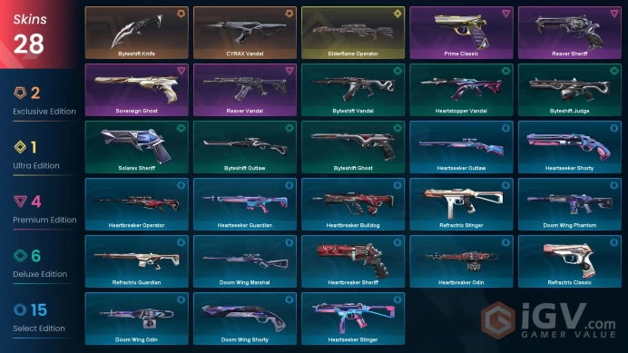 EU / 28 Skins / Reaver Vandal / CYRAX Vandal / Elderflame Operator / Byteshift Knife / Prime Classic / V76