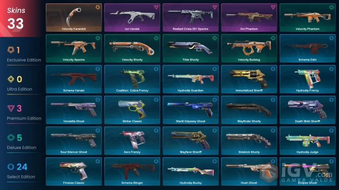 EU / 33 Skins / Oni Phantom / Ion Vandal / Velocity Karambit / Immortalized Sheriff / V77