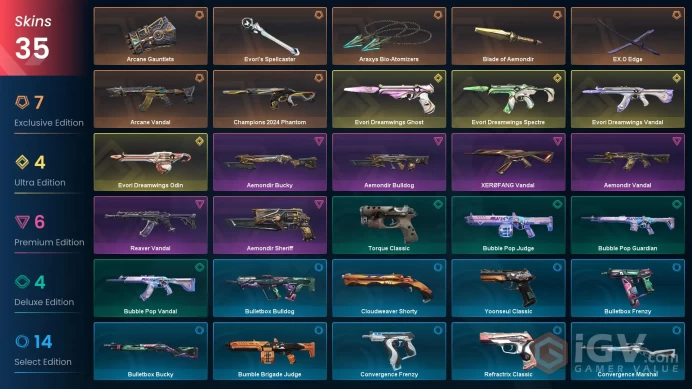 EU / 35 Skins / Champions 2024 Phantom / XERØFANG Vandal / Reaver Vandal / Blade of Aemondir / Arcane Gauntlets / Evori's Spellcaster / V80